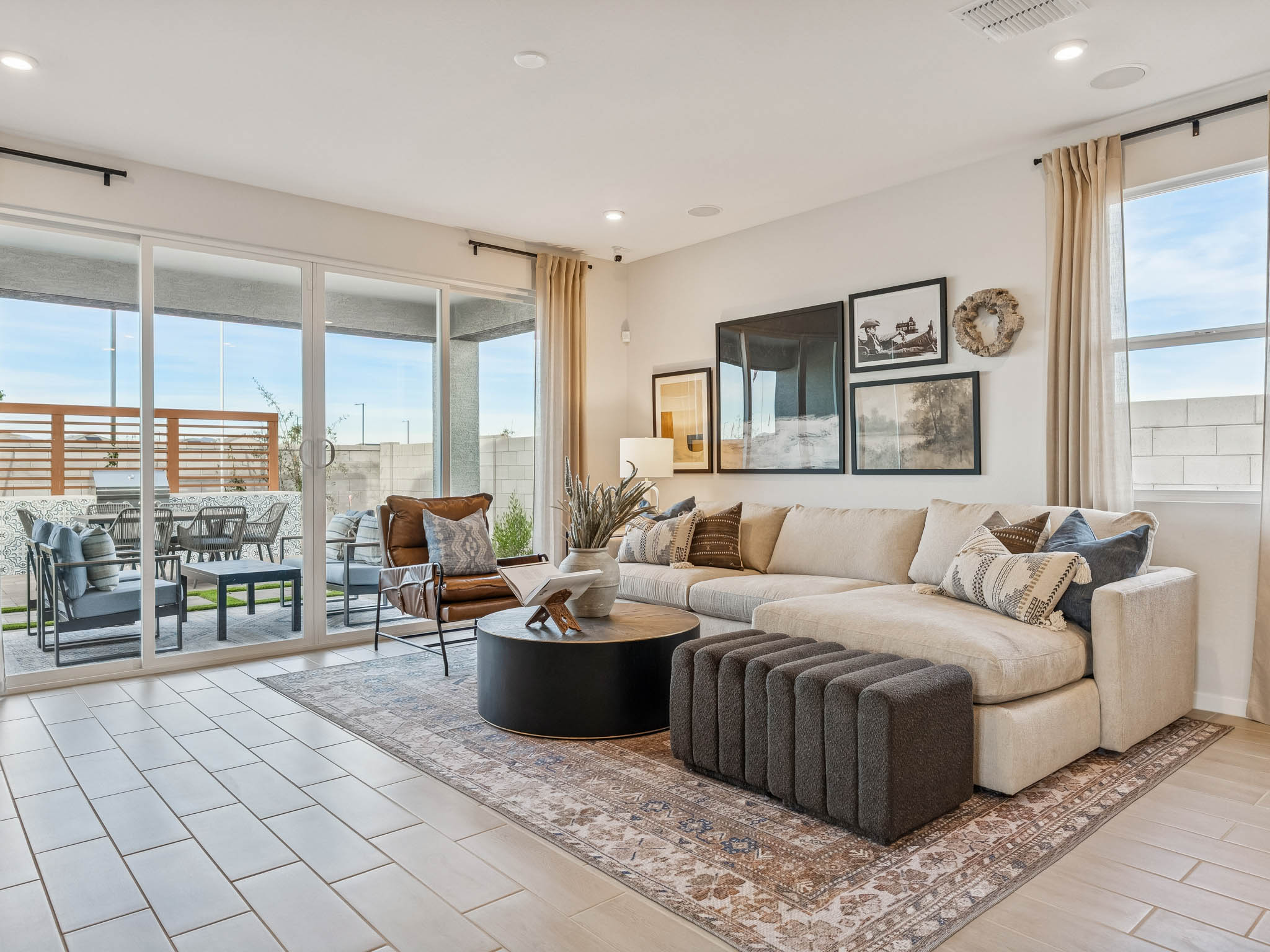 A living room with a large window.