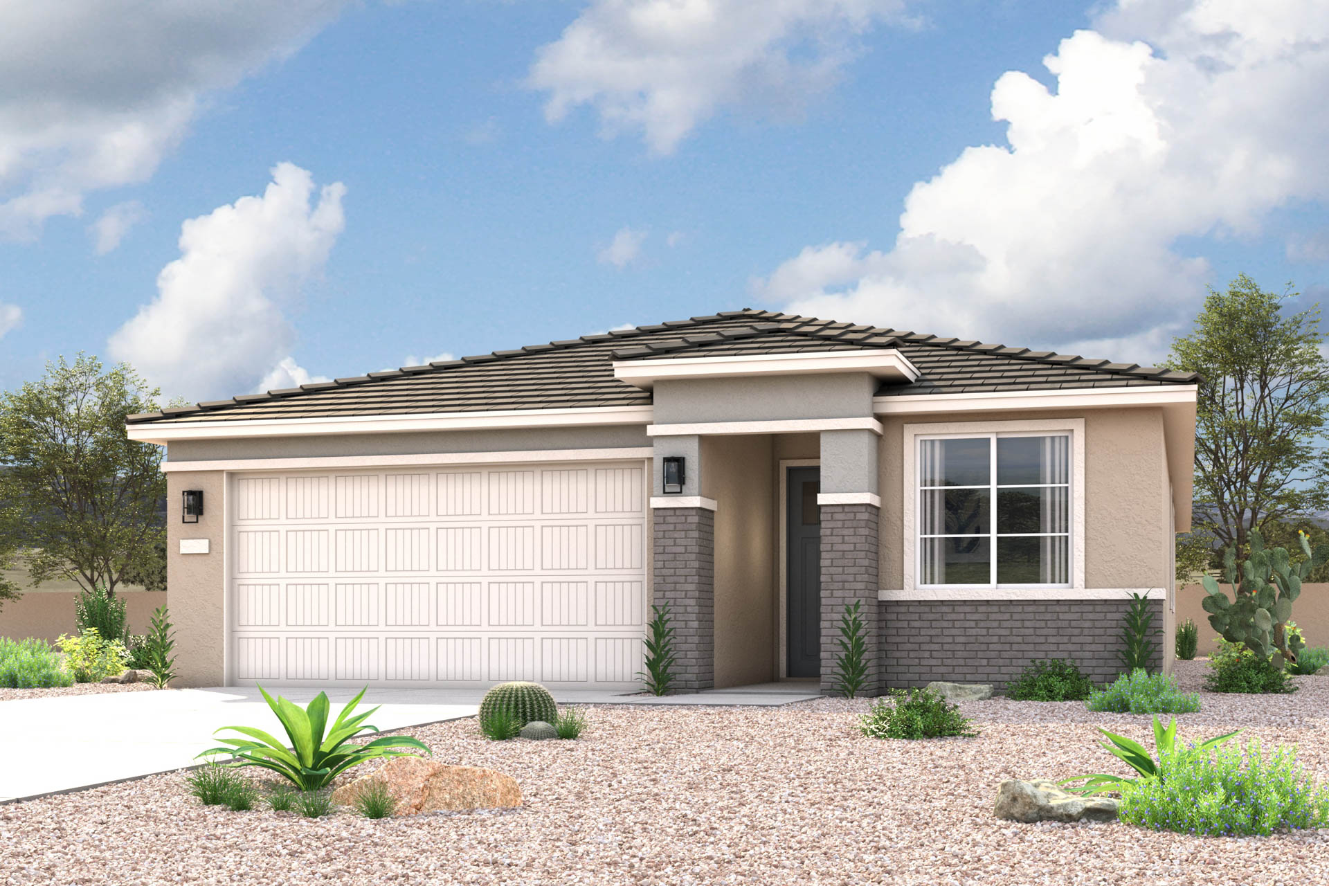 Modern Ranch exterior elevation rendering of 1 story 3-bedroom New Home floor plan in Maricopa AZ USDA Loan VA Loan Eligible Near 347 with community amenities near park