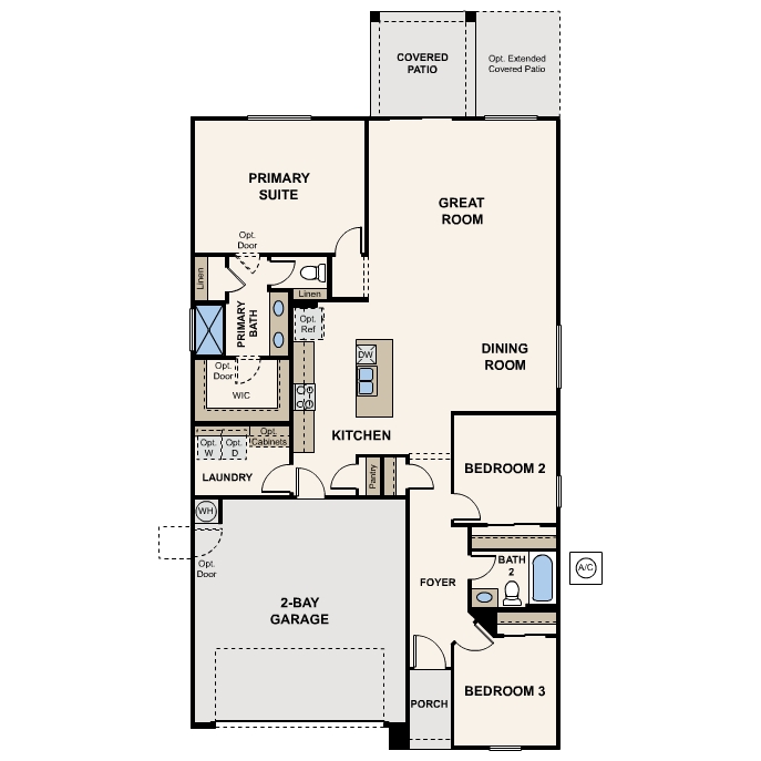 Diagram, engineering drawing of a spanish New Home floor plan at Palomino Ranch of 1 story 3-bedroom floor plan in Maricopa AZ USDA Loan VA Loan Eligible Near 347 with community amenities near park