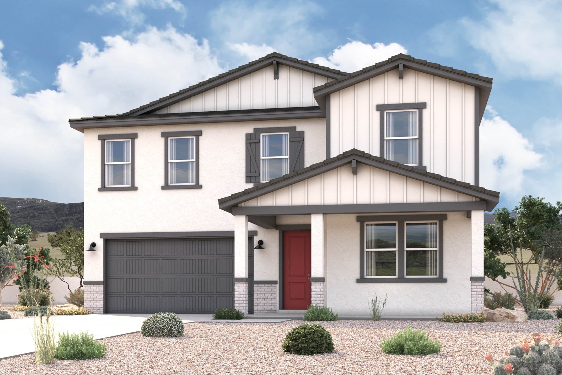 New Home farmhouse exterior elevation rendering of 2-story 4-bedroom 3-bathroom floor plan with an additional loft upstairs and study downstairs in Florence AZ Near Queen Creek USDA Loan VA Loan Eligible Near Hunt Highway with community Pool, Gym and more!