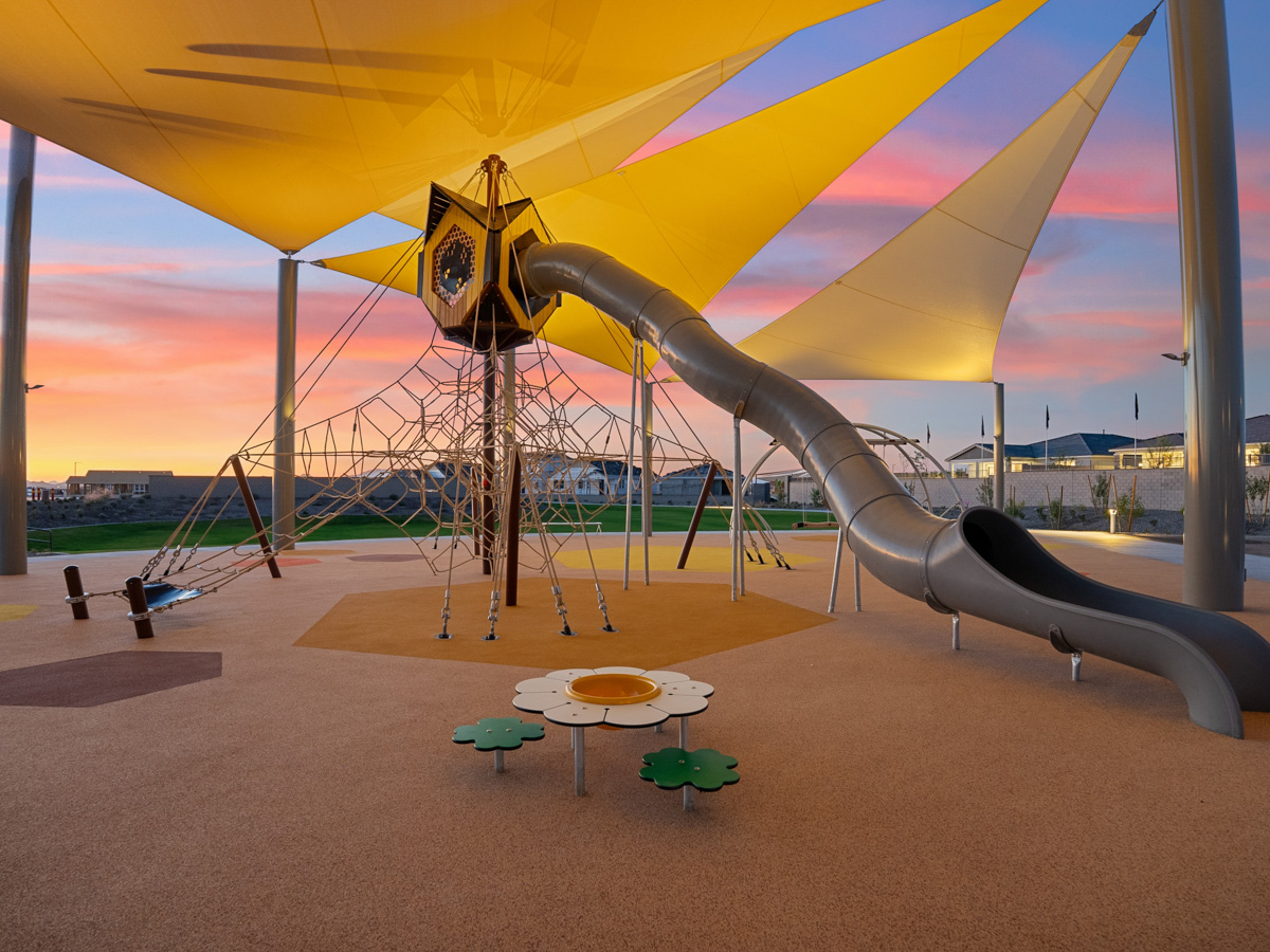 A large yellow and white tent.
