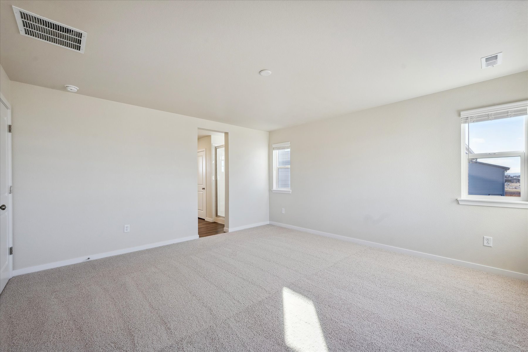 A room with a carpet and windows.