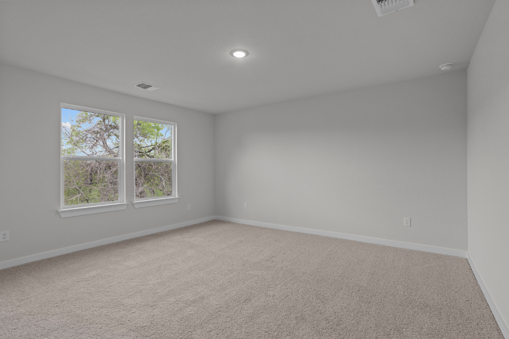 A room with windows and a carpet.