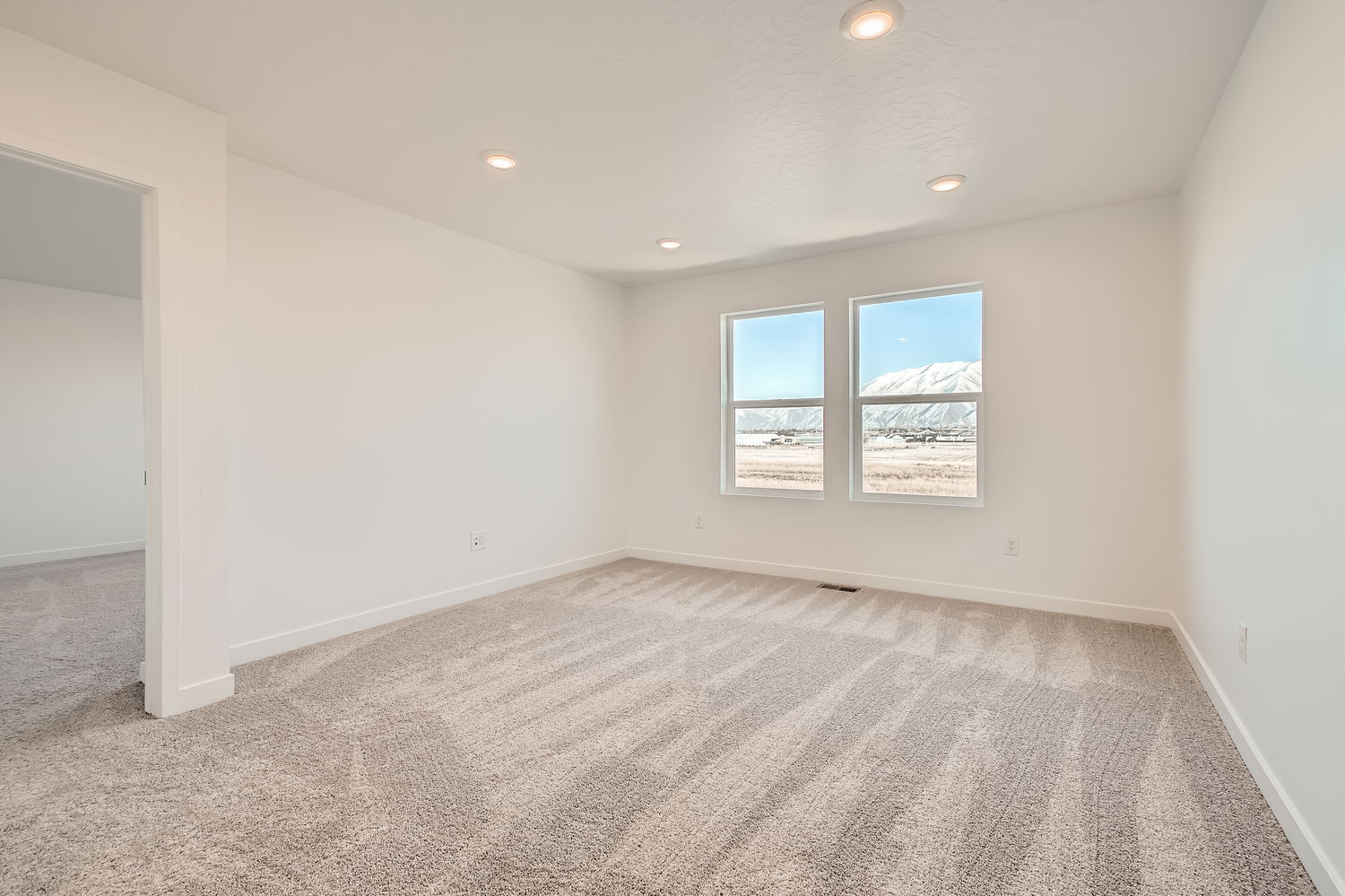 A room with a carpet and windows.