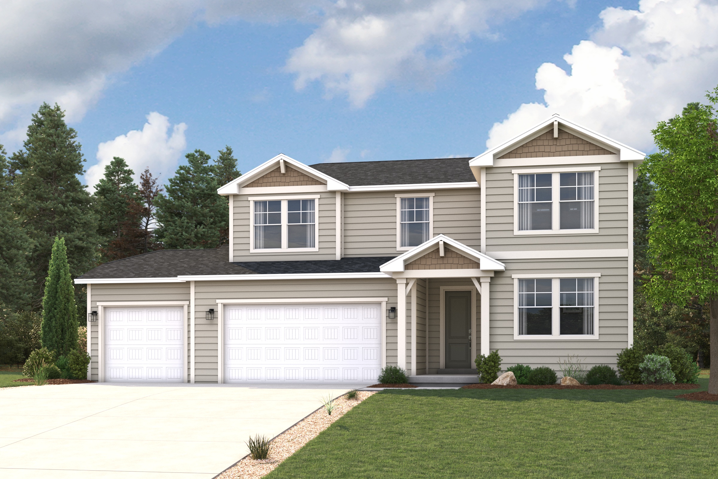 A house with a garage and trees.