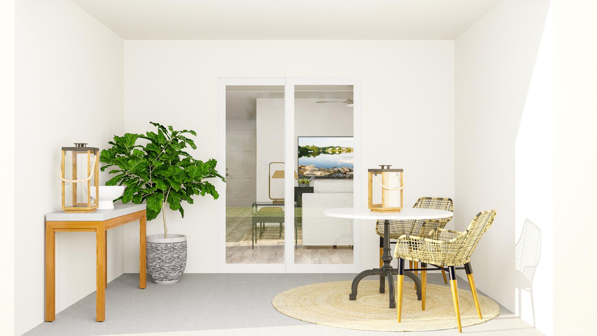 A room with a table chairs and a plant in it.