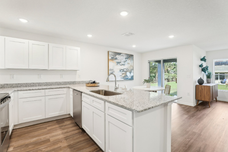 A kitchen with white cabinets.