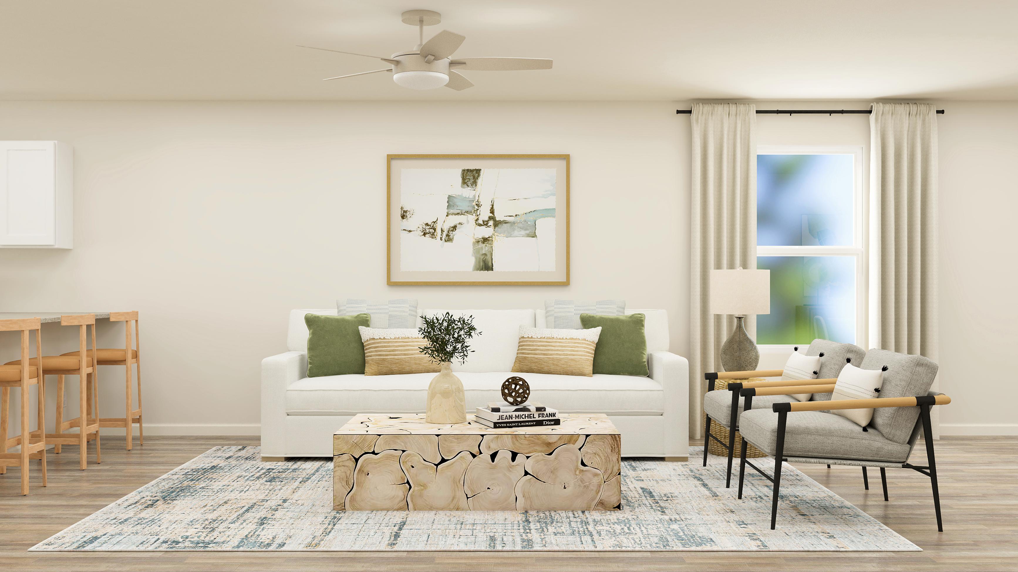 A living room with a couch and a table.