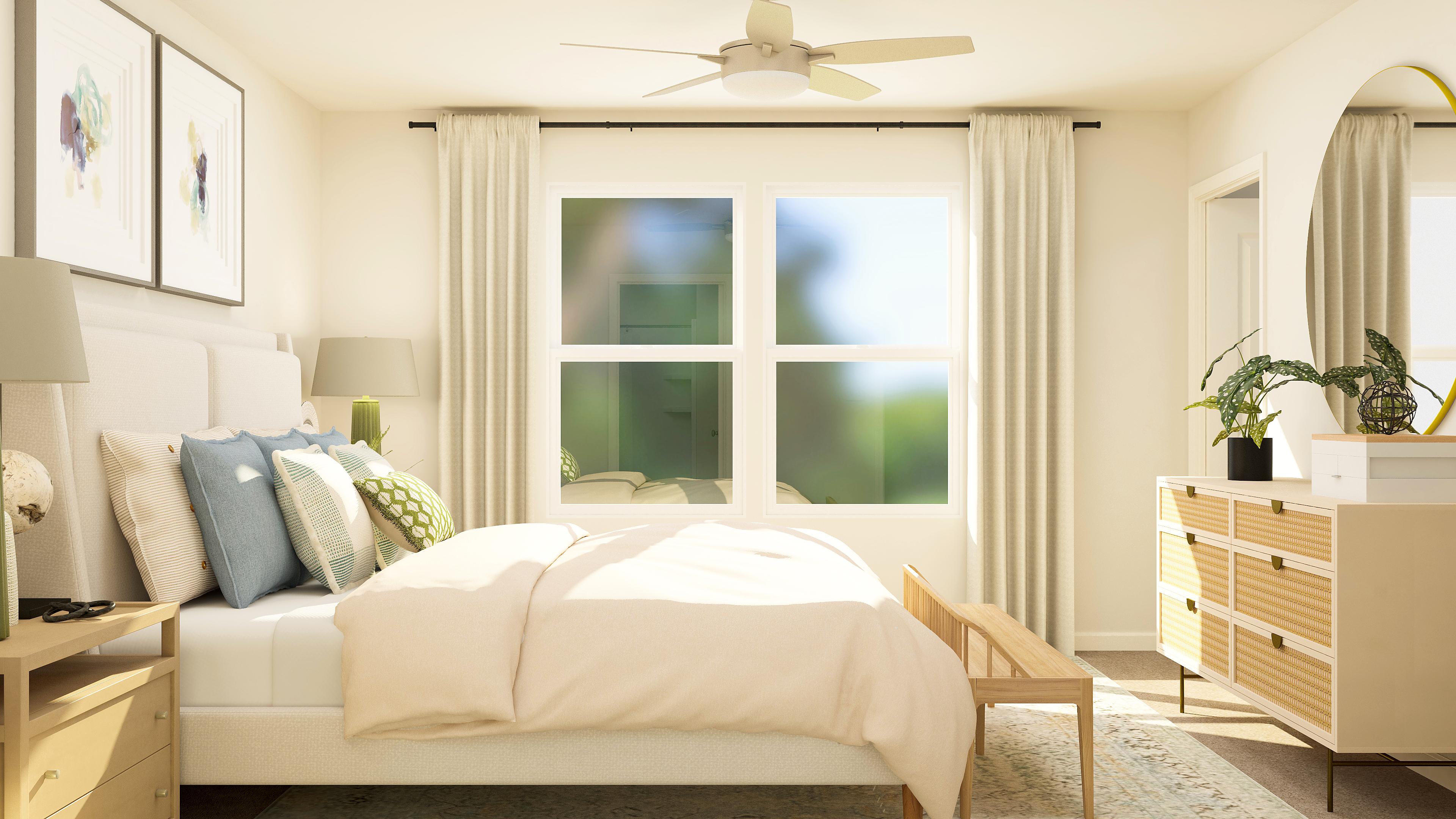 A bedroom with a bed and a chair.