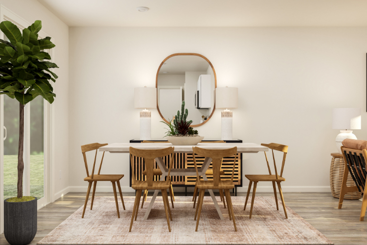 A dining room table with chairs.